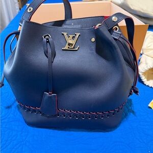 Louis Vuitton Dark Blue Leather Shoulder Bag with Red Accents